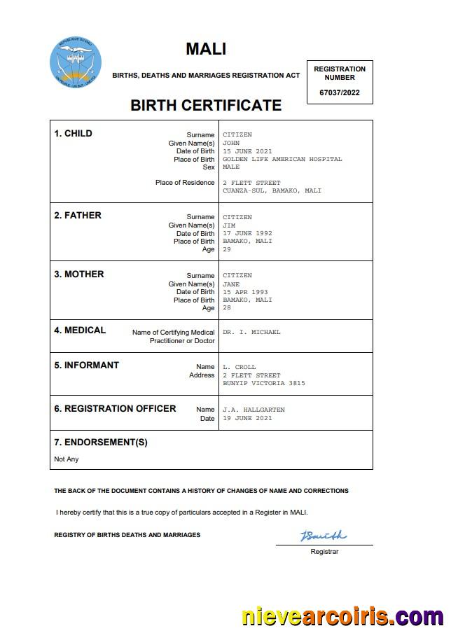 Mali vital record birth certificate